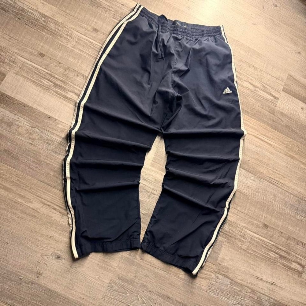 Adidas Wide Leg Track Pants Navy Blue Striped Baggy Fit Zip Hem